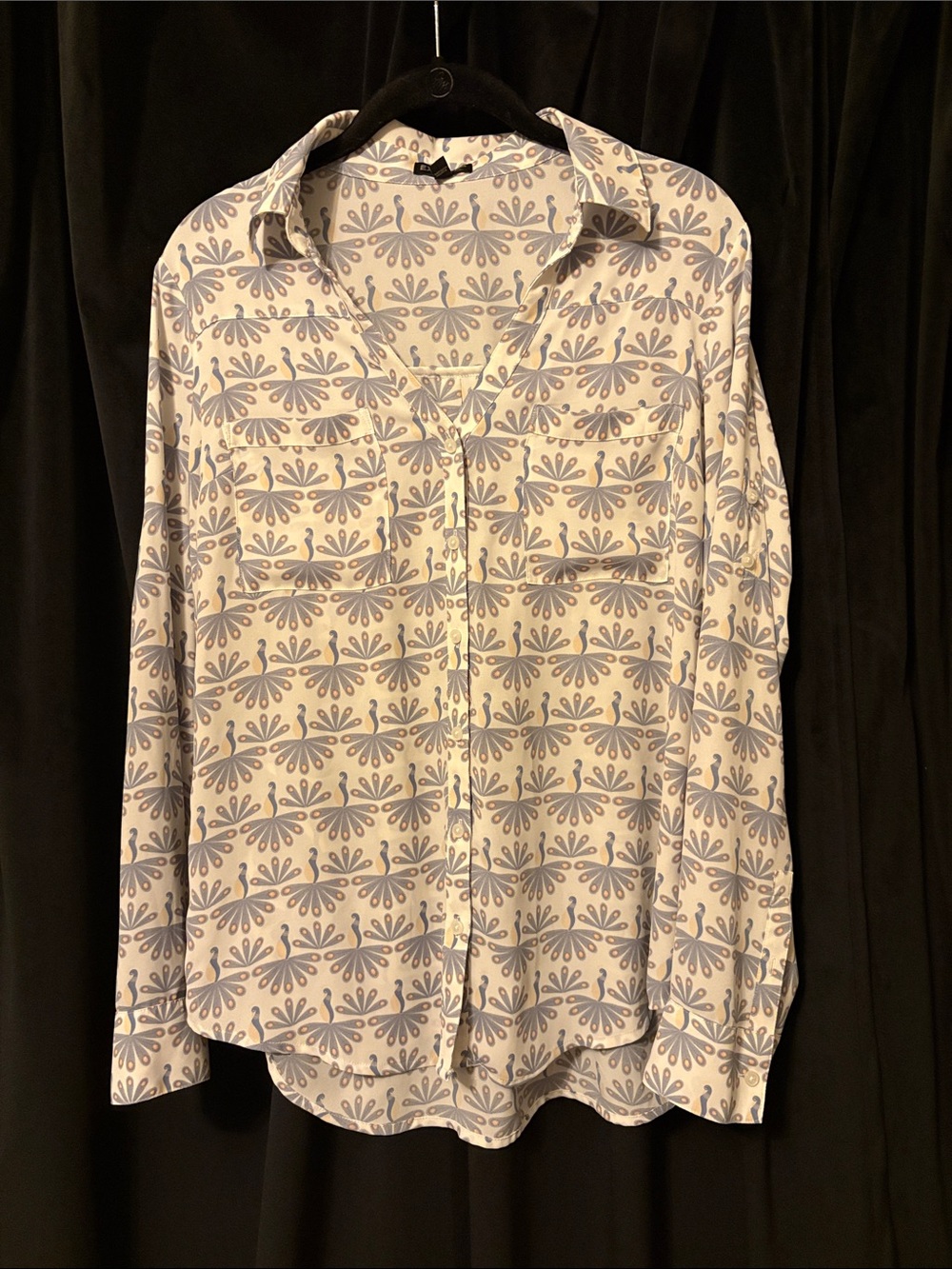 Express White and Light Blue Peacock Printed Button-Up Blouse